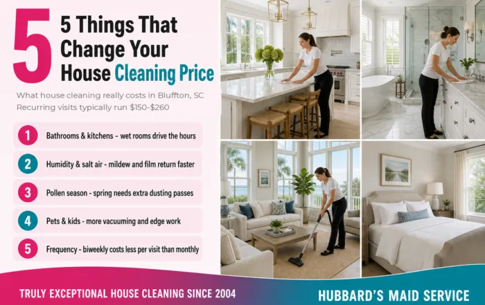 Infographic listing 5 things that change your house cleaning price in Bluffton, SC, with photos of Hubbard's Maid Service cleaners at work