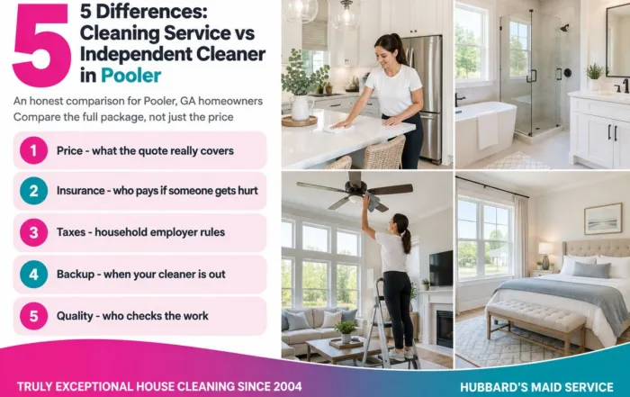 Infographic listing 5 differences between a cleaning service and an independent cleaner in Pooler, GA, with photos of cleaners at work